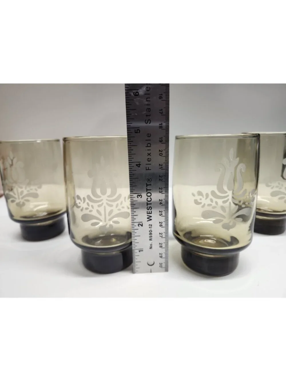 4- Libbey Pfaltzgraff Village Brown Smoke Etched Glasses Vintage Tumblers